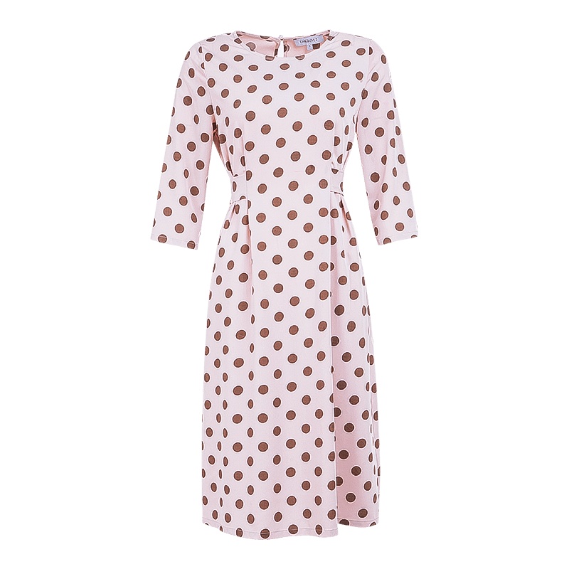 晚白新品时尚简约优雅波点圆领系带收腰显瘦中长连衣裙女