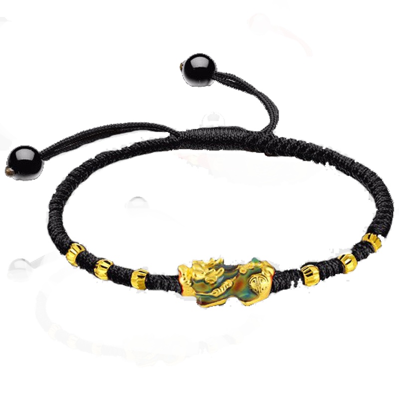 佐喜佑福3D硬足金变色珐琅貔貅本命年红绳手链脚链情侣珐琅迷你貔貅+6颗金珠金重约1.08g黑绳款 ZXNLYFA103e