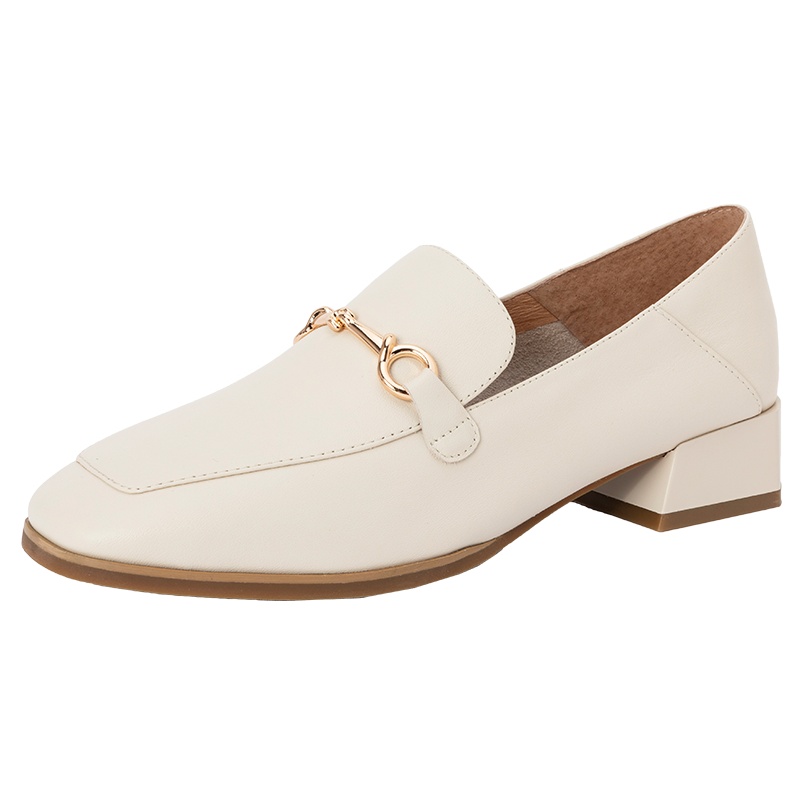 百田森乐福鞋女一脚蹬春季新款休闲方头粗跟软皮中跟单鞋