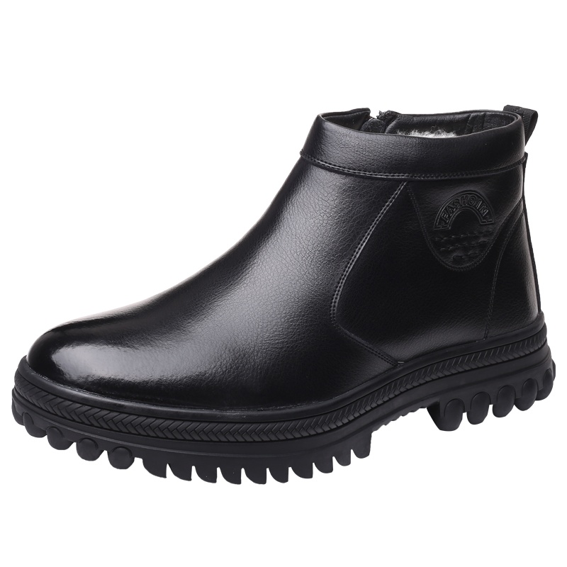 路易克思棉鞋男冬季保暖加绒加厚羊毛真皮中老年爸爸鞋皮毛一体防滑皮靴男6016