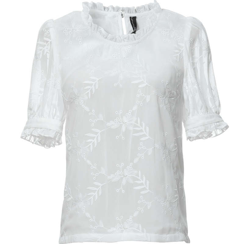 欧昵雪夏季木耳边立领套头绣花雪纺衫女气质显瘦小衫上衣