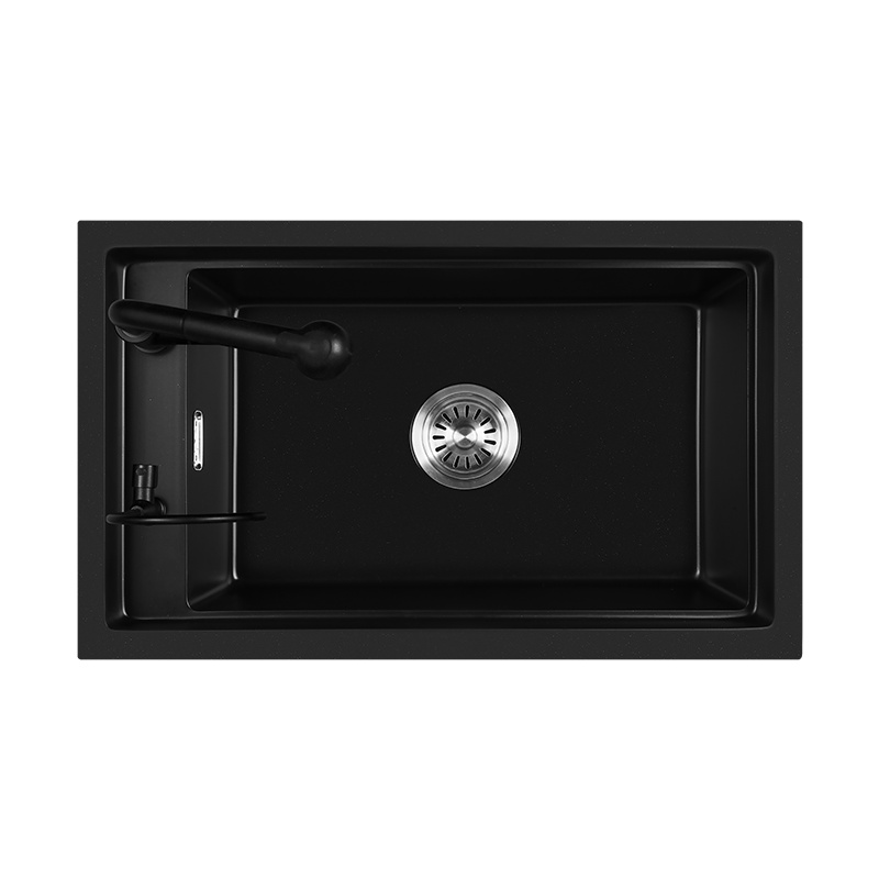 科恩纳(Coenna)石英石水槽侧装龙头大单槽台下盆洗菜盆洗碗池厨房纳米加厚花岗岩洗手盆 黑色水斗 家用手工水槽大号单槽