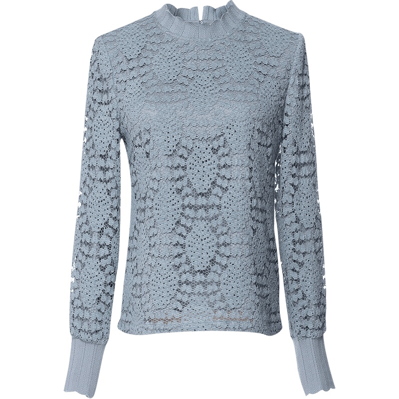 欧昵雪螺纹立领拼接勾花镂空打底上衣女长袖蕾丝衫