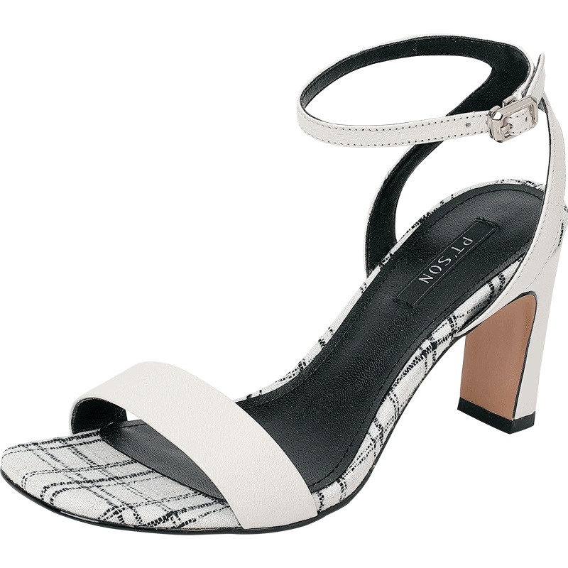 百田森韩版格纹撞色凉鞋女新款露趾高跟一字扣凉鞋女仙女风_1