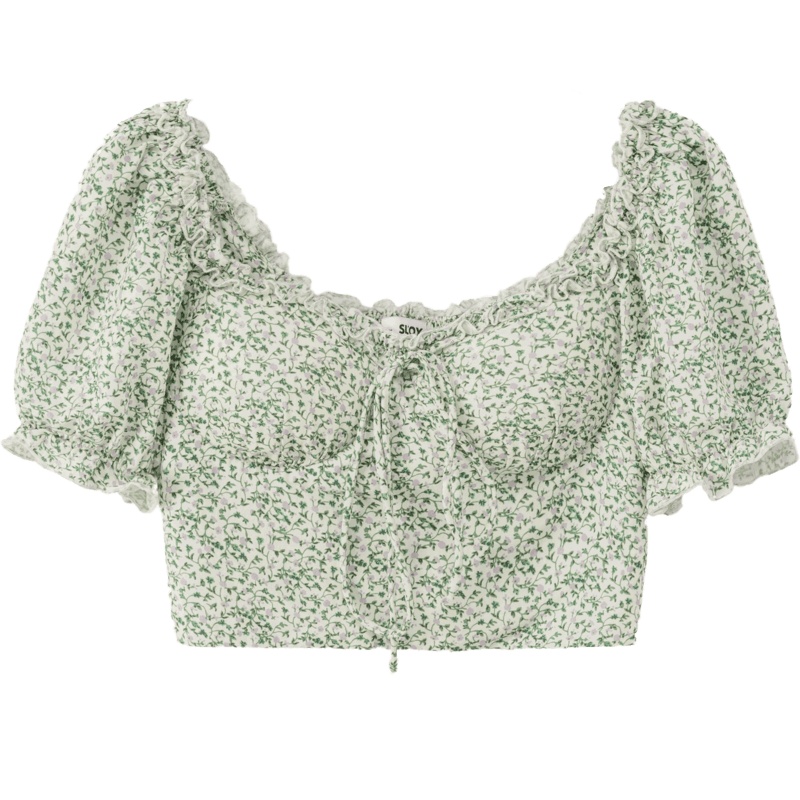 OtherMix法式花色雪纺衫2021年夏季新款泡泡袖系带木耳边女式上衣