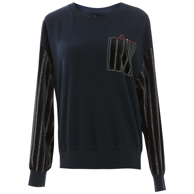 欧昵雪休闲圆领拼接丝绒长袖显瘦卫衣女套头短款上衣