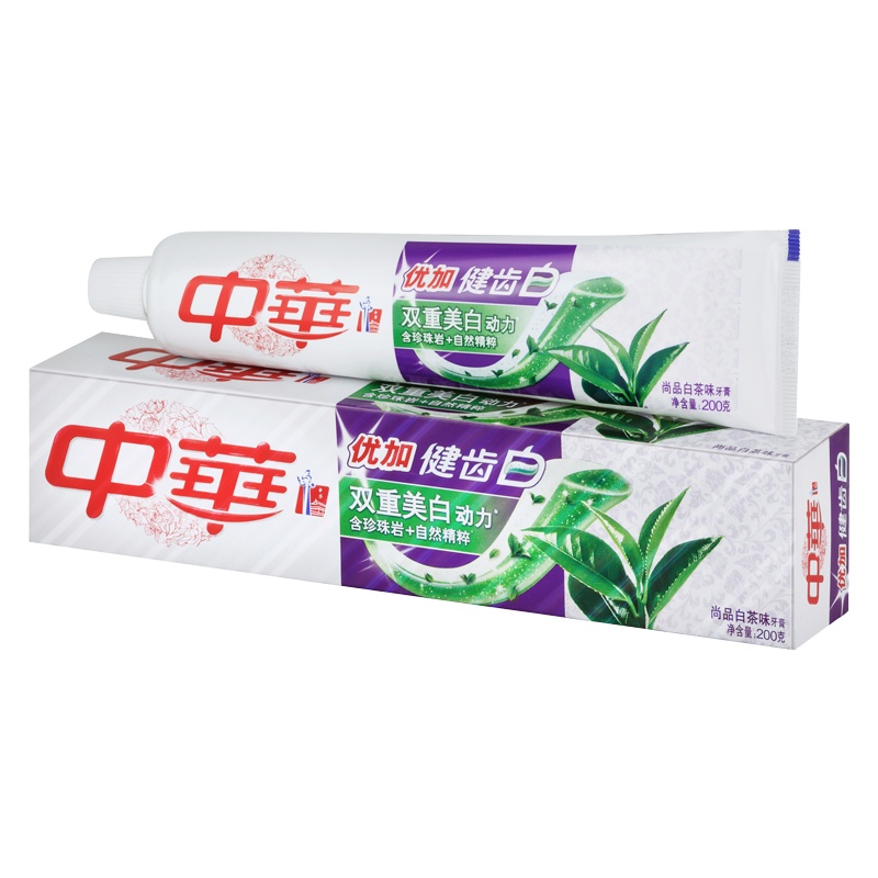 中华优加健齿白牙膏尚品白茶味护龈亮白清新200g9支装