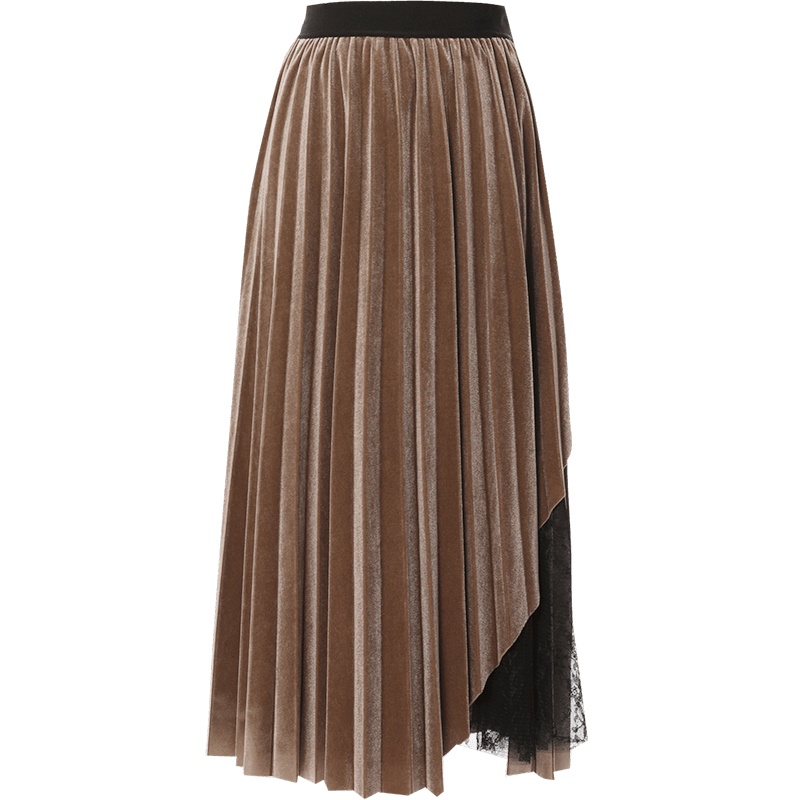 OUNIXUE欧昵雪 | 秋冬季松紧腰裙子不规则裙摆百搭蕾丝拼接中长裙子丝绒半身裙