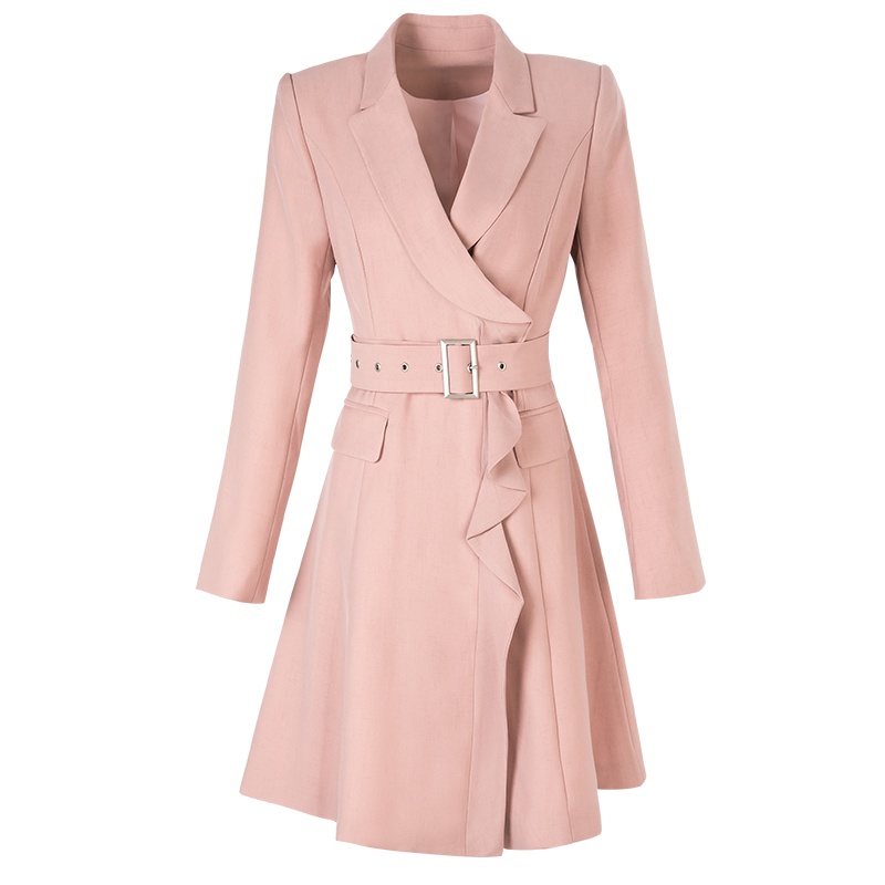 晚白2020秋冬新品通勤纯色抽褶袖修身显瘦荷叶边西装裙连衣裙女