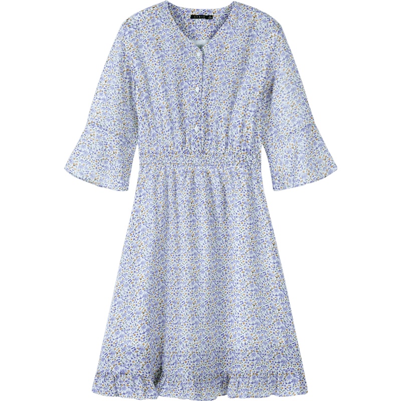 【领198-100券再购】森马喇叭袖连衣裙女夏季V领碎花雪纺裙有内衬法式桔梗裙