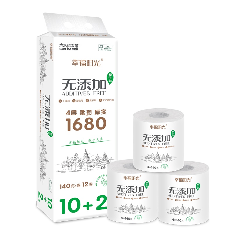 幸福阳光 卷纸 无添加系列 4层140克12卷 有芯卷纸 卫生纸