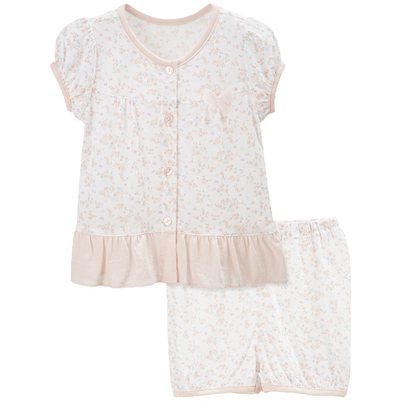 婴姿坊童装夏季女童休闲家居柔软舒适小碎花拼接前开襟两件套