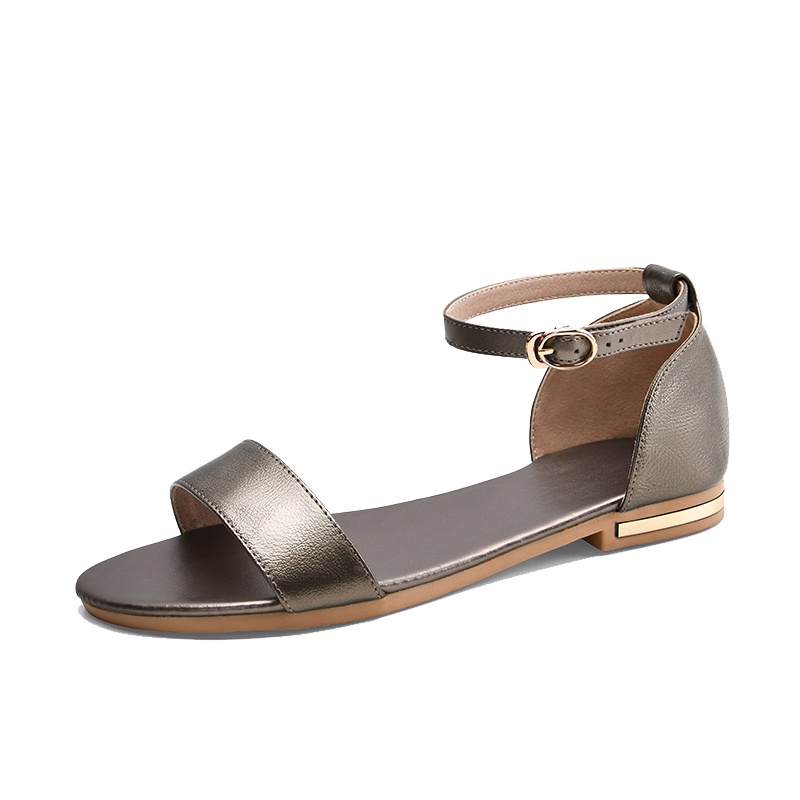 品点(Pandell)新款真皮平跟凉鞋一字带休闲女式平底女鞋露趾罗马风鞋子