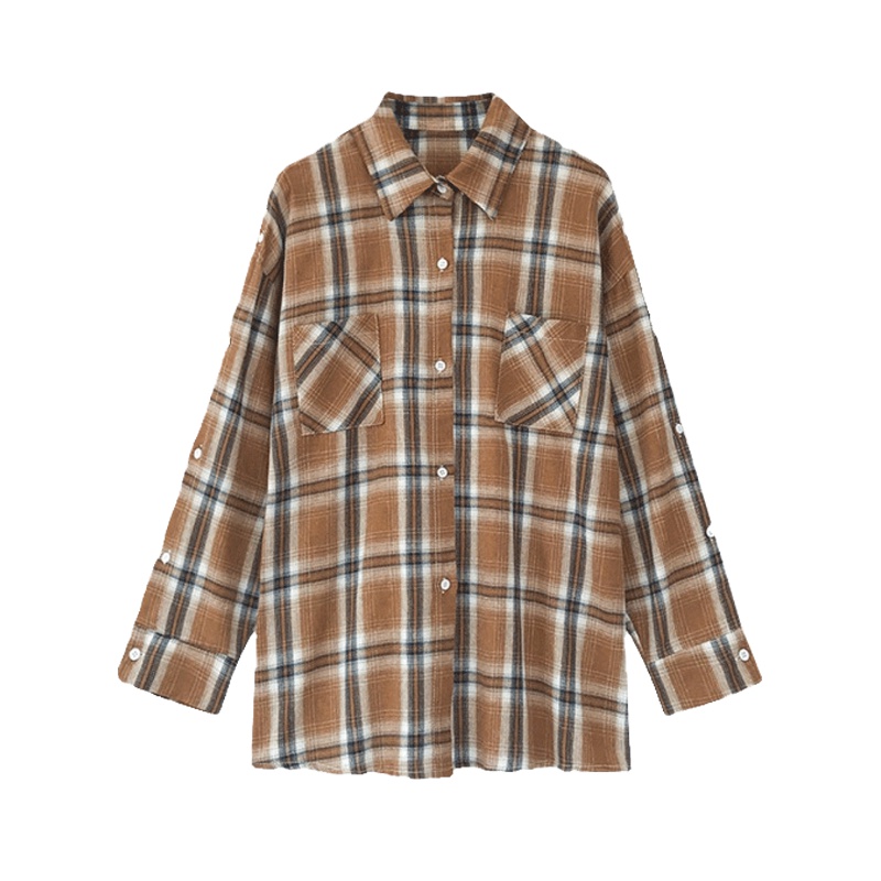 磨毛格子衬衫女士春装衬衣2024新款格子木耳边立领长袖内搭红色