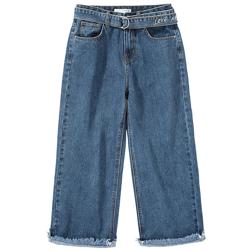 森马牛仔裤女2020春季新款宽松阔腿裤做旧毛边设计感九分裤学生潮