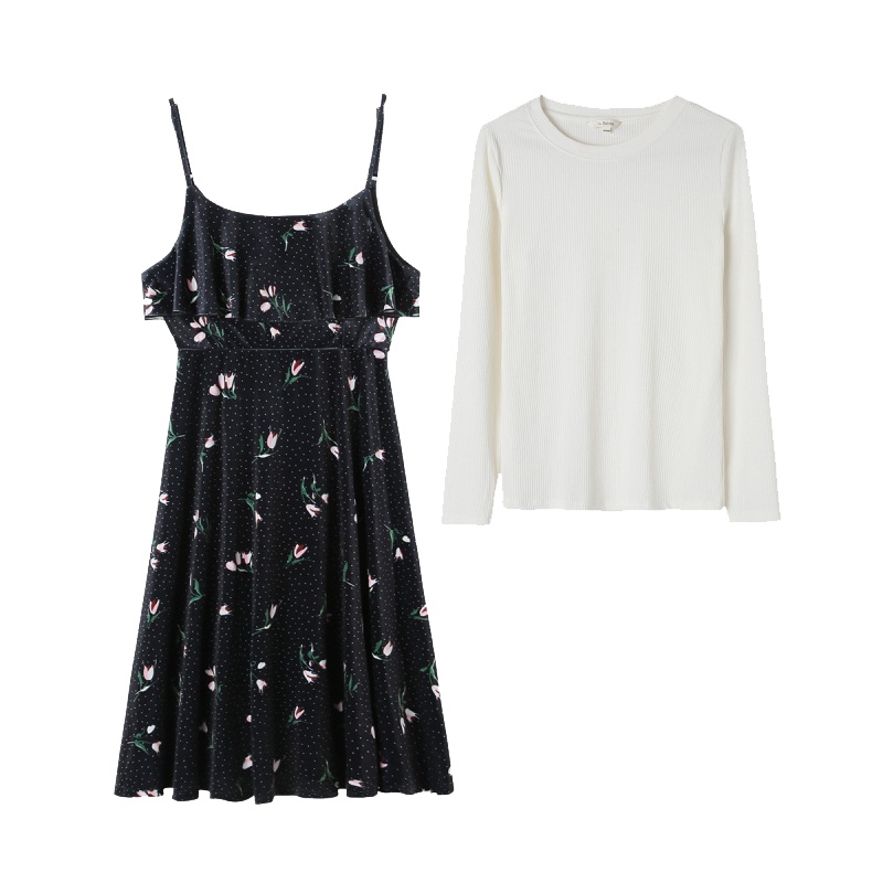 拉夏贝尔新款春季女两件套时尚长袖打底衫吊带裙套装60007560