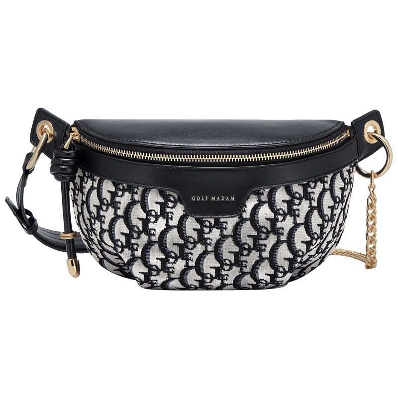 高尔夫GOLF胸包女字母提花时尚拼接链条斜挎包潮流女士大容量单肩包优雅黑