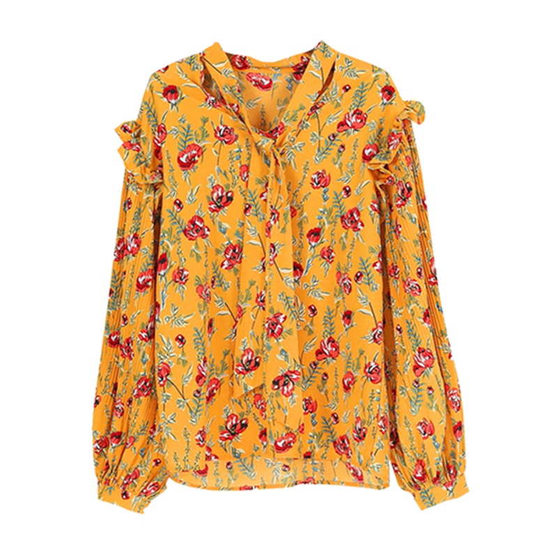 如熙韩版碎花长袖衬衫宽松复古chic中长款系带衬衣女