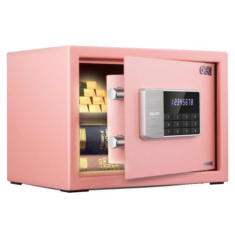得力deli92619保险柜保管箱家用小型迷你保险箱办公指纹密码钥匙防盗保管箱床头柜 粉色/电子密码/钥匙