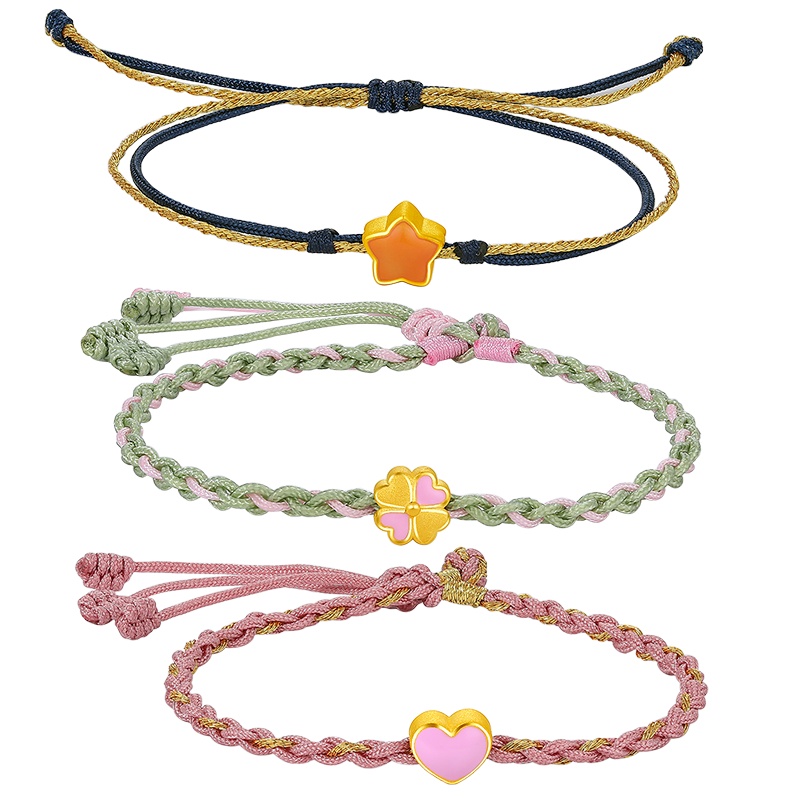 周大生黄金转运珠女 足金正品幸运四叶草硬金手链爱心星星串珠