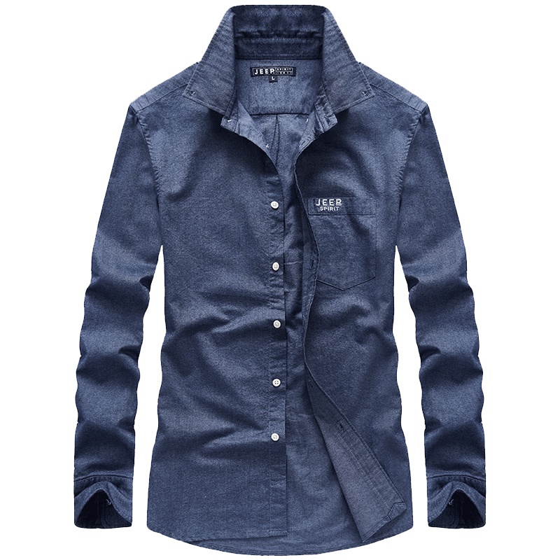 JEEP长袖衬衫男春季男装纯棉寸衫男宽松大码青年休闲上衣男士衬衣韩版潮流修身纯色纯棉刺绣百搭帅气学生衣服