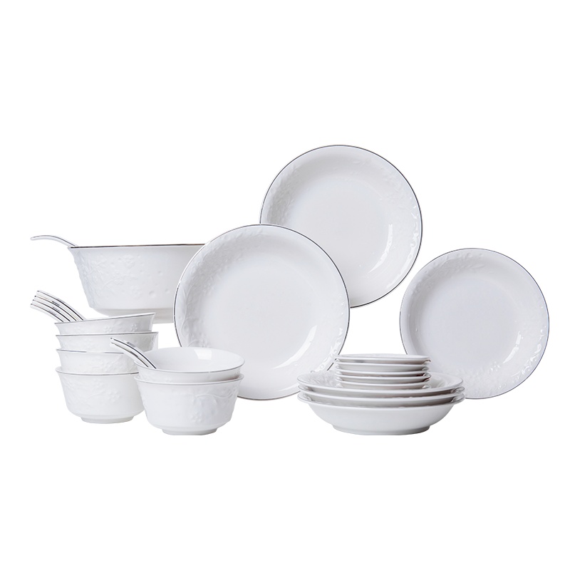 顺祥陶瓷一抹金艳餐具套装碗盘家用韩式创意筷子勺子白碟子 白色 一抹金艳26头