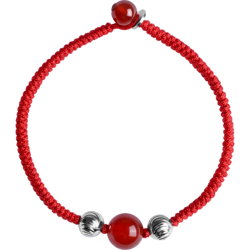 石头记 猪年红绳手链女 水晶玛瑙手链 红色编织手链 银珠手链