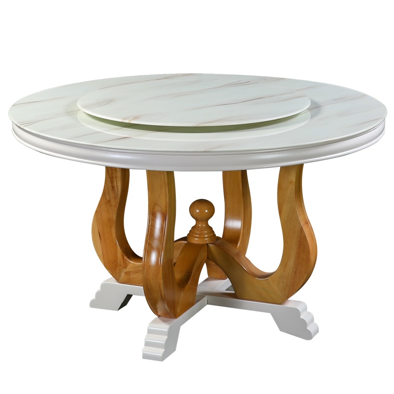 HiBoss大理石餐桌餐厅实木餐台圆形餐桌圆桌带转盘