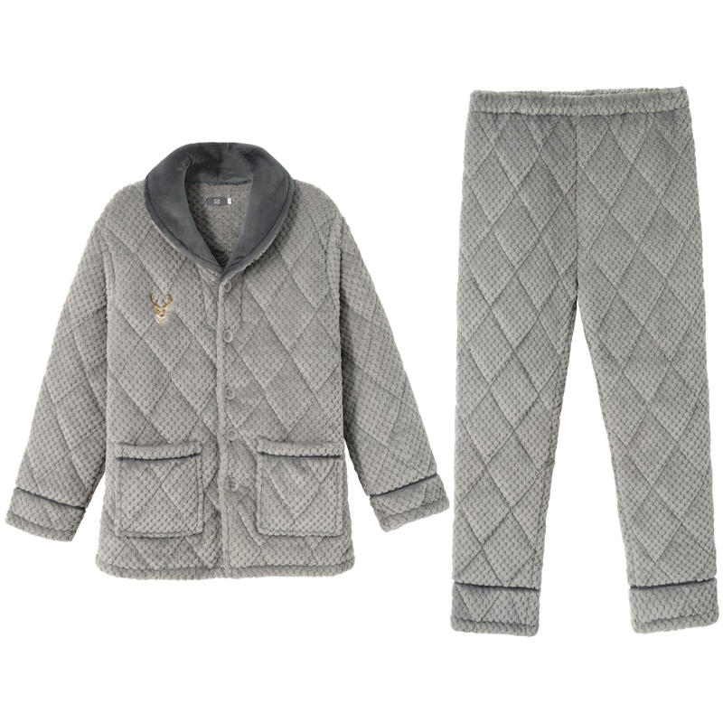 爱帝男士新款三层加绒加厚珊瑚绒家居服睡衣保暖防寒大码套装