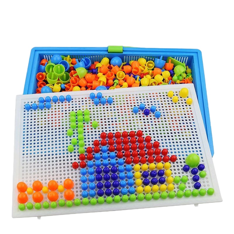 儿童益智小孩玩具蘑菇钉盒装积木拼插玩具拼装男孩女孩拼图玩具 蘑菇钉296粒盒装+板子+篮子+图纸