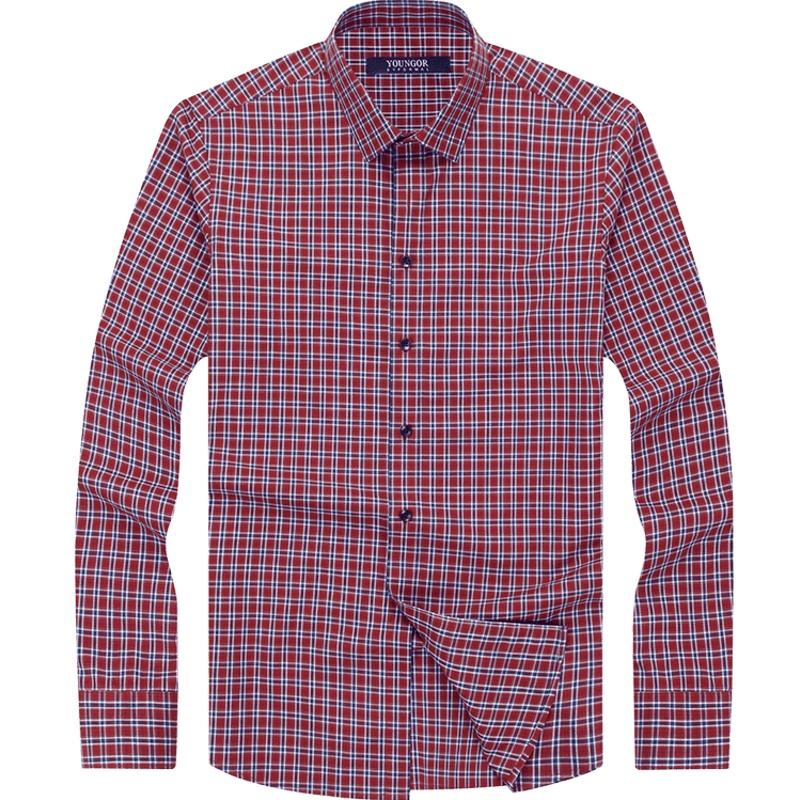 Youngor/雅戈尔长袖衬衫男2019年秋季 格纹衬衫男 衬衣男 商务休闲 红色格纹