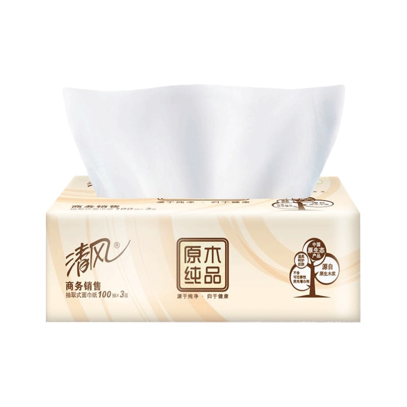 清风 原木纯品3层小规格100抽抽取式面巾纸 4包/件