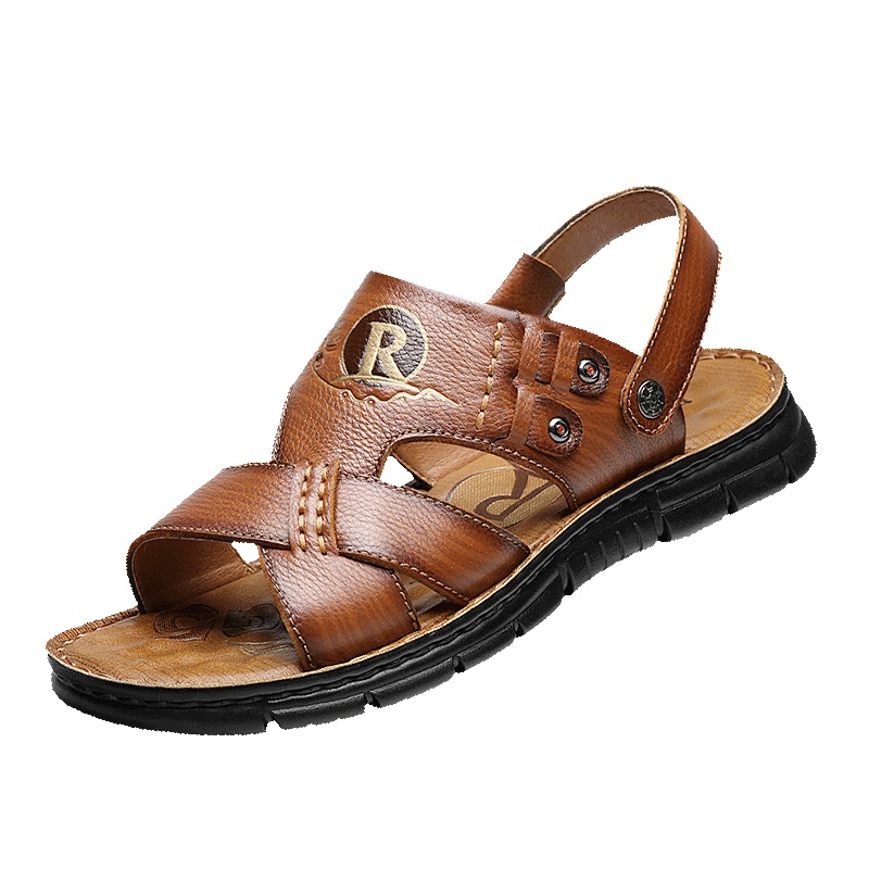 牧伦奴仕(MULUNUSHI)新款皮凉鞋男士沙滩鞋时尚透气拖鞋男夏季头层牛皮(除牛反绒)凉拖鞋软底露趾拖鞋潮棕51632