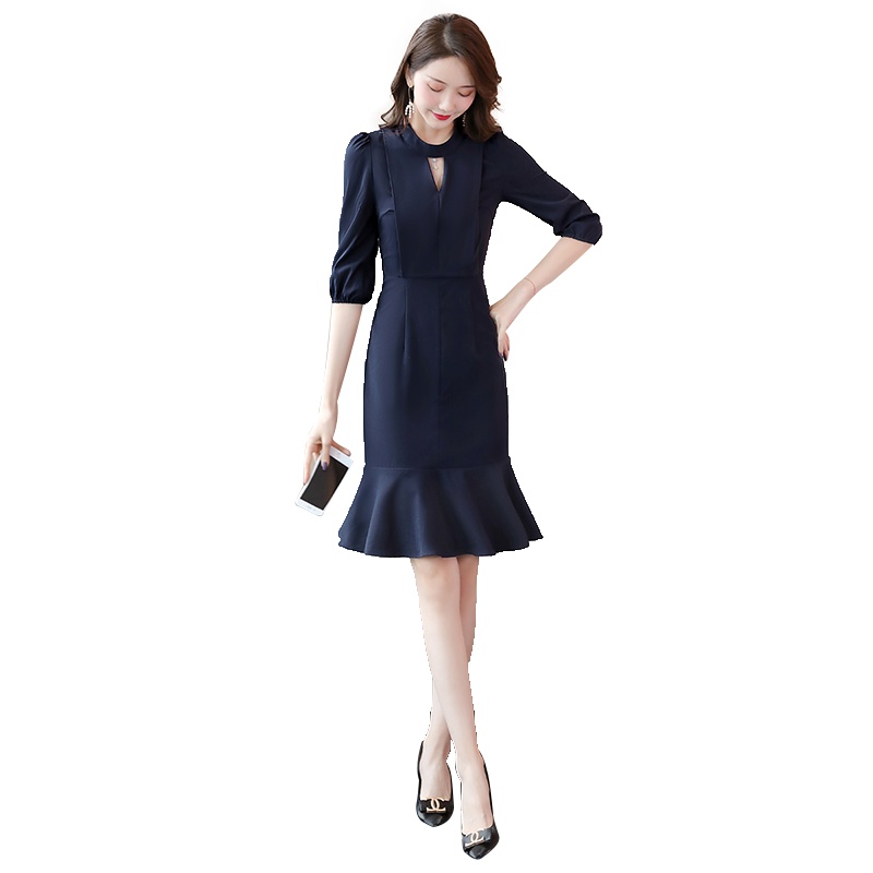 丝柏舍2020春装女时尚纯色简约修身显瘦鱼尾连衣裙S01B0391L