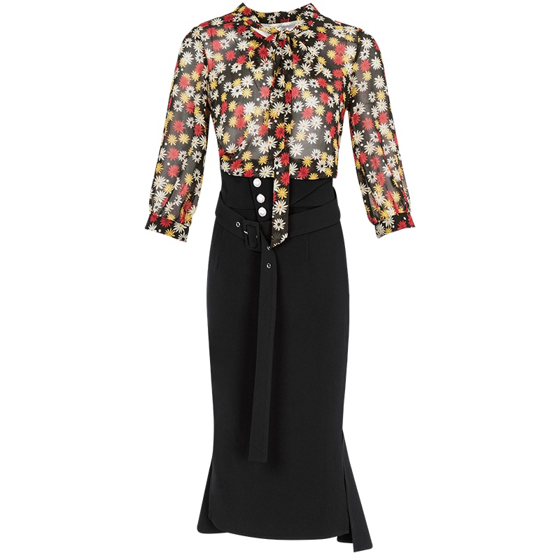 晚白2021春季新品通勤两件套印花衬衫高腰包臀裙半裙时尚套装女