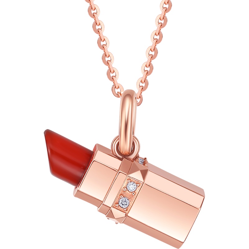 周大生钻石吊坠女18k金玫瑰金红玉髓口红正品珠宝送礼送女友