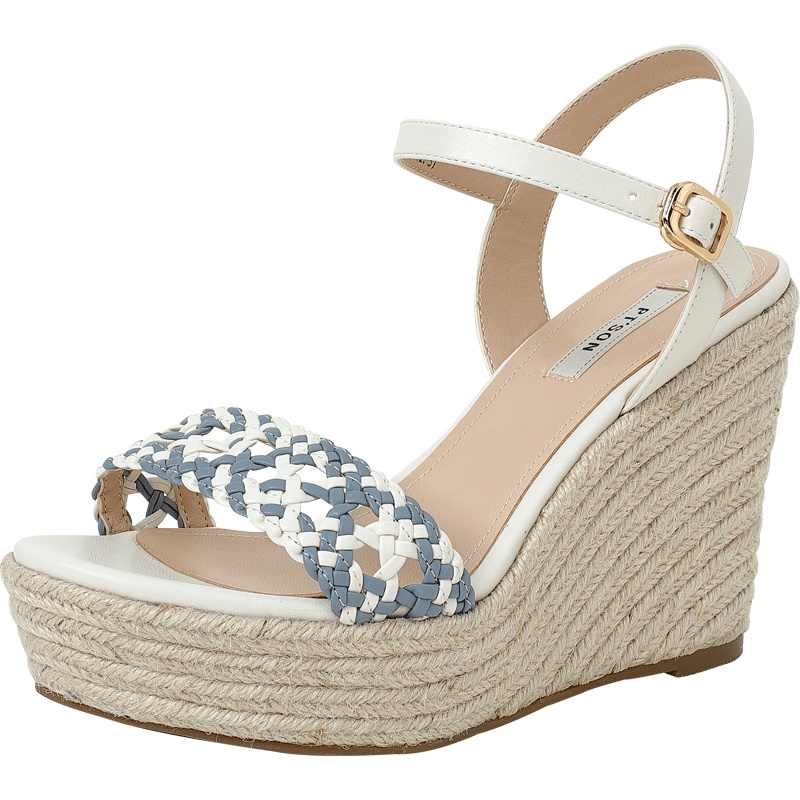 百田森夏季新款凉鞋女坡跟高跟厚底编制波西米亚度假仙女鞋_1