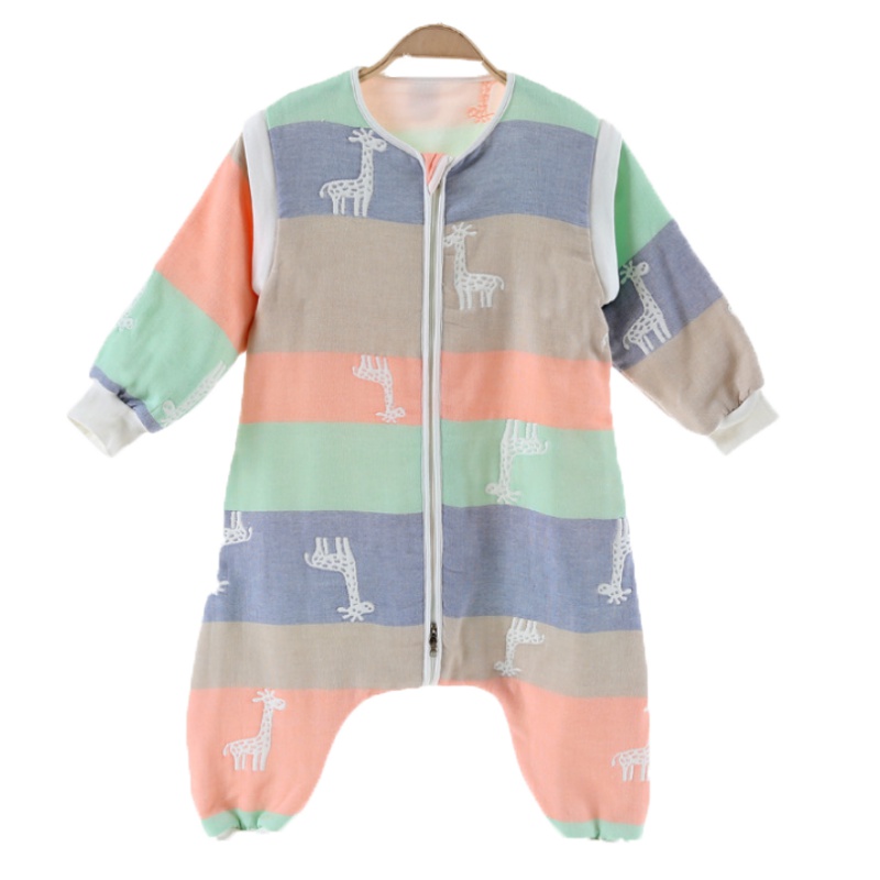 秋冬纯棉加厚六层纱布爬服 防踢连体婴儿睡袋分腿可拆袖纱布爬服