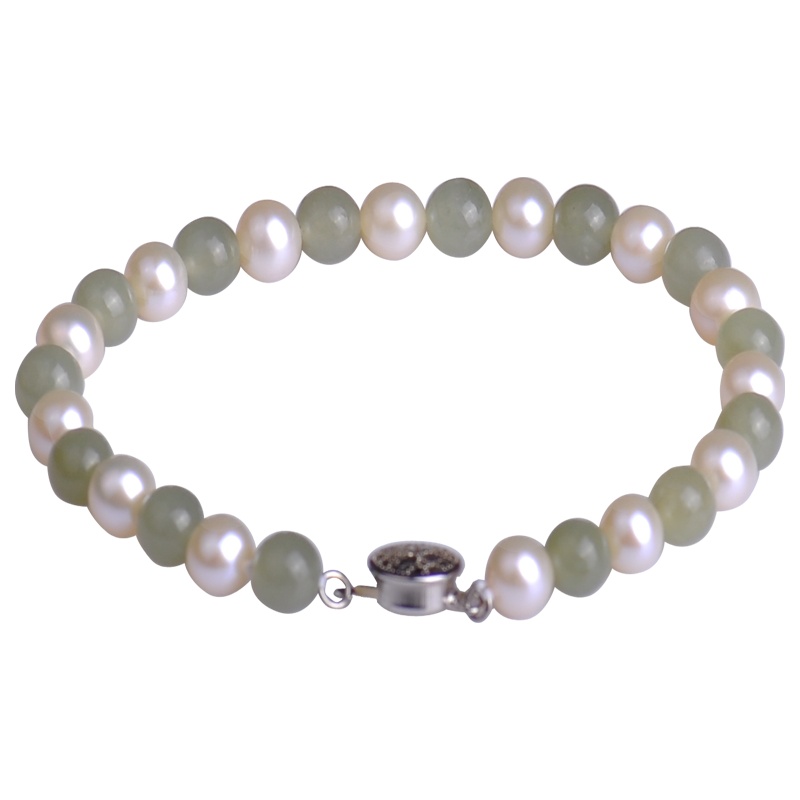 梦克拉Mkela 925银和田玉珍珠手链 韵味 和田玉碧玉珍珠手串女款 近圆 淡水珍珠 手链 珍珠 送朋友