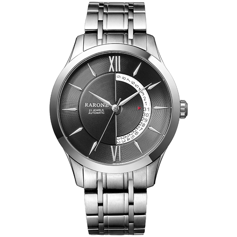 【专柜同款】雷诺简约个性半圆形窗式日历自动机械钢带男表880569