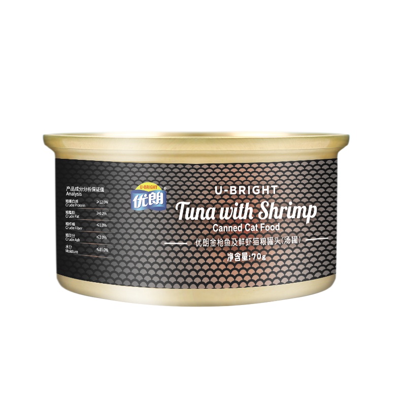泰国进口 优朗(U-BRIGHT)宠物猫粮金枪鱼及鲜虾猫罐头(汤罐)70g