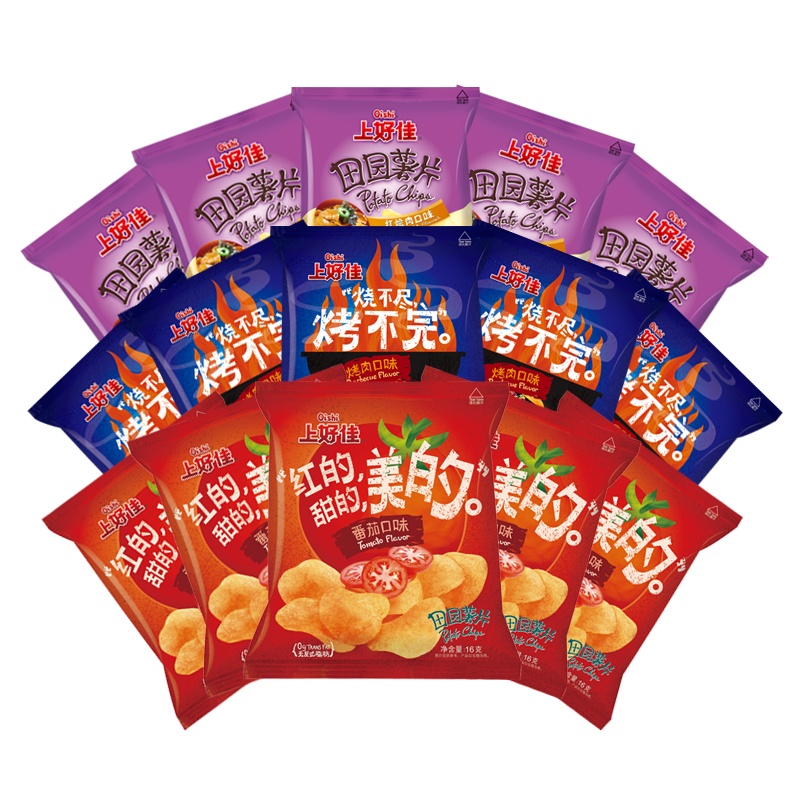 上好佳 薯片小克数零食组合(烤肉+番茄+红烩肉口味) 16g*15包 休闲膨化网红零食吃货薄片