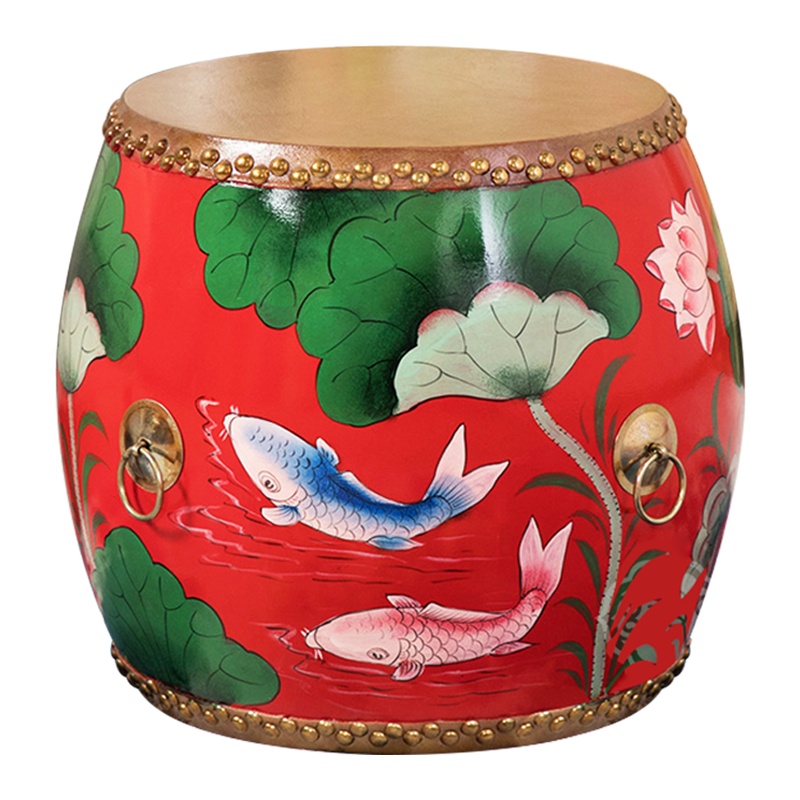 FLD-GD40*35牛皮彩绘鼓凳实木凳绣墩凳子新中式沙发圆凳古筝凳换鞋凳鼓凳