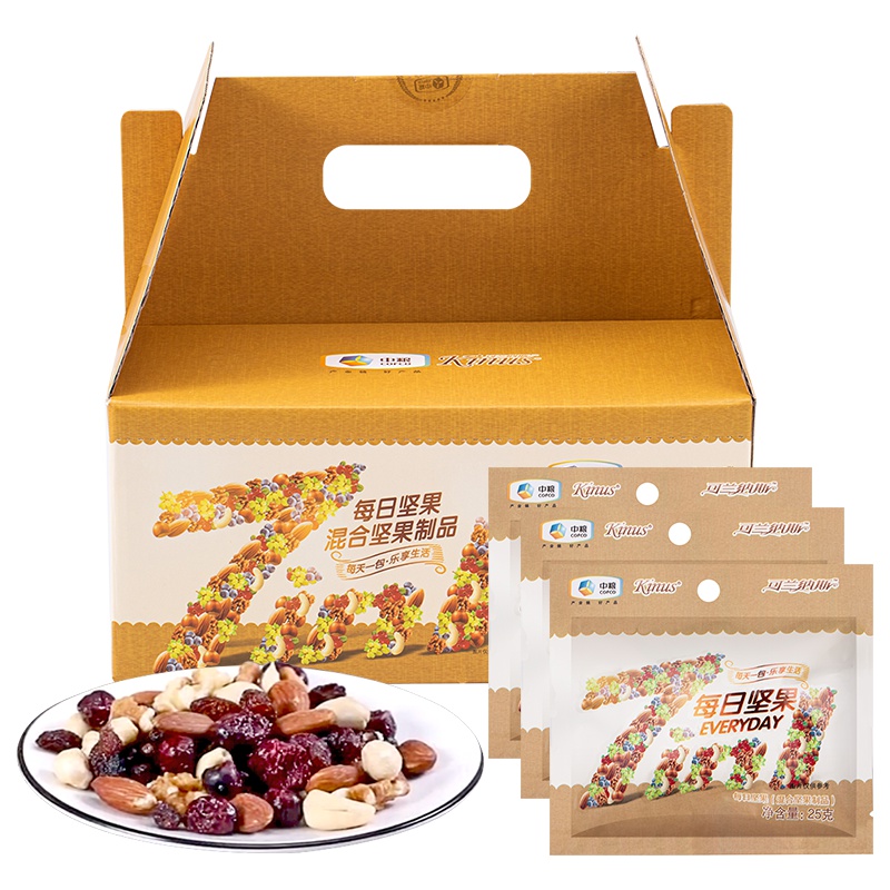 中粮可兰纳斯KINUS 每日坚果 干果礼盒 坚果炒货 休闲食品零食大礼包 混合什锦果仁（25g*30包）750g/盒