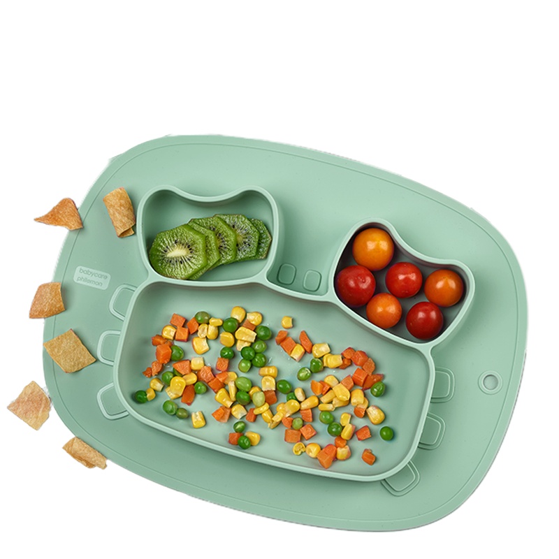 babycare宝宝餐盘吸盘碗分格盘卡通硅胶防摔辅食碗可爱儿童餐具 硅胶分格餐盘-布拉诺螃蟹雀湖绿小号