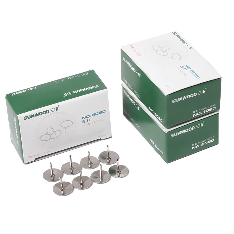 三木(SUNWOOD) 8080大头钉 固定钉纸张镀镍防锈处理100枚/盒 金属圆头图钉