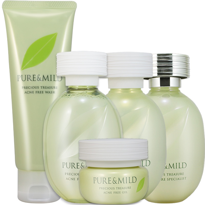 PURE&MILD泊美鲜纯珍萃控油净痘植物纯净界保湿祛痘补水五件套装组合 洁+水+乳+啫喱+精华凝露 官方旗舰店专柜正品