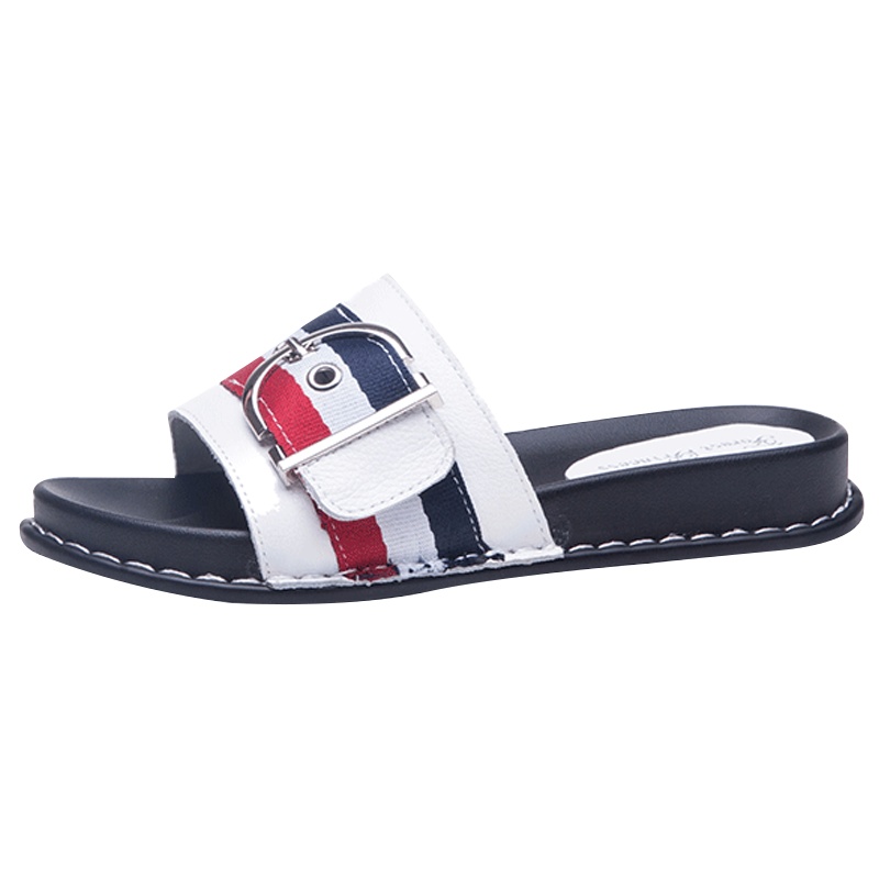 森林公主欧美拖鞋女春夏新款牛皮金属扣厚底凉拖外穿平底一字拖鞋