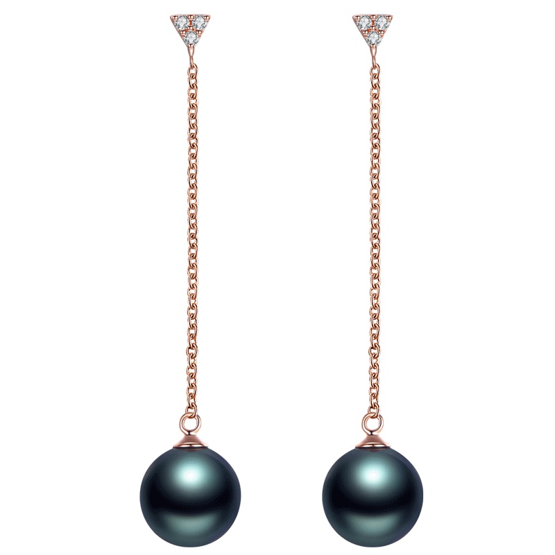 brir 佰色传情 正圆8-9mm长款大溪地黑珍珠耳饰耳钉女18K金钻石正品女