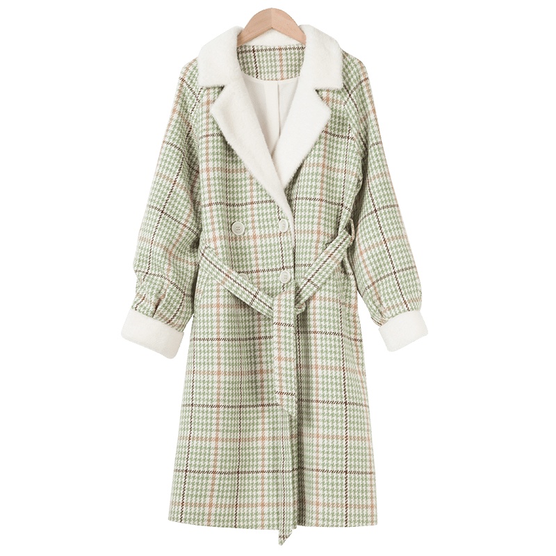 晚白2020春季新品时尚清新千鸟格翻毛领中长款休闲毛呢大衣外套女